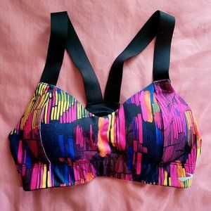 BROOKS BLACK PINK BLUE YELLOW PATTERNED RACERBACK SPORTS BRA // size S